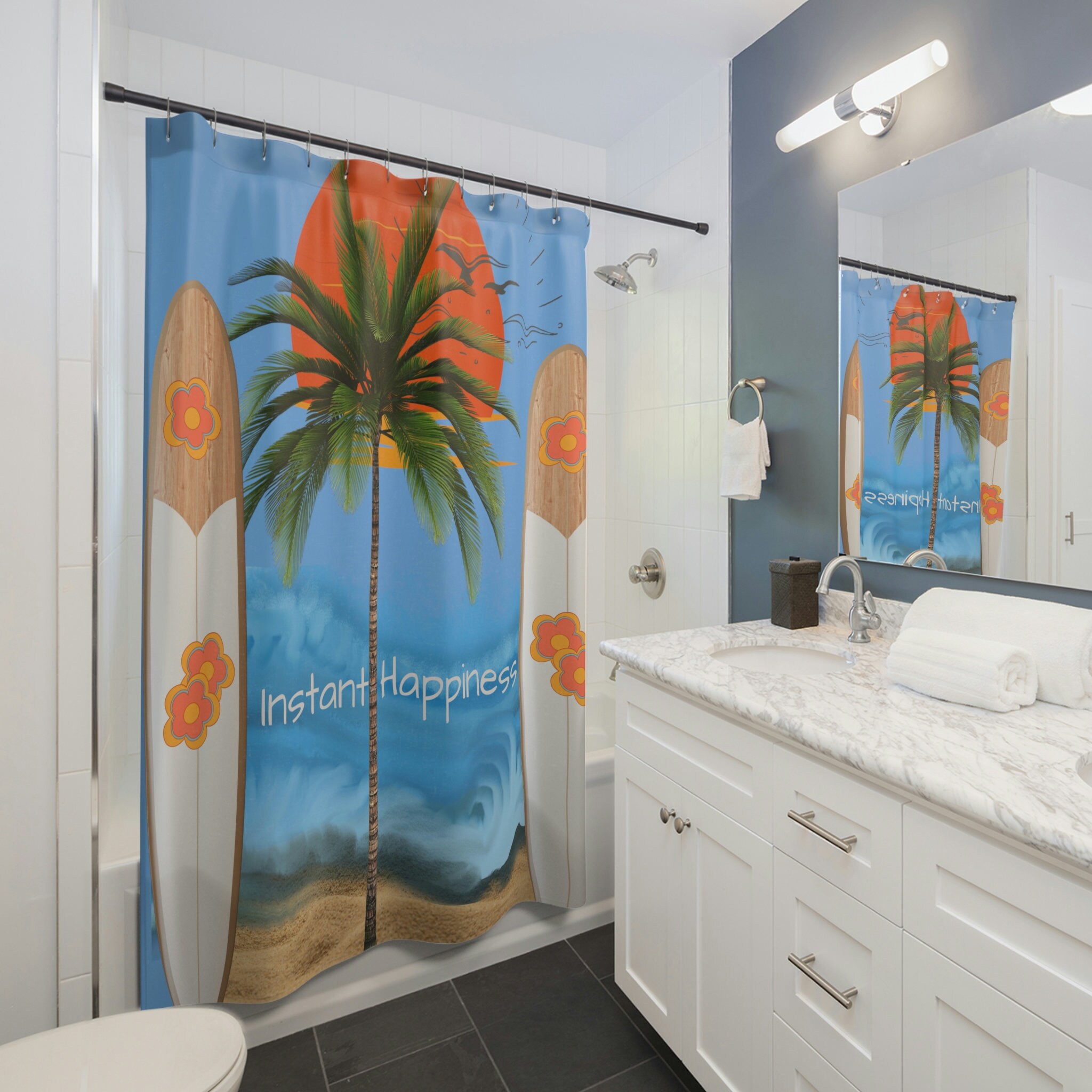 Palm Tree and Surfboard Sunset Tropical Shower Curtain for Instant Happiness and Beach Vibes in Bathroom