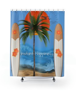 Palm Tree and Surfboard Sunset Tropical Shower Curtain for Instant Happiness and Beach Vibes in Bathroom
