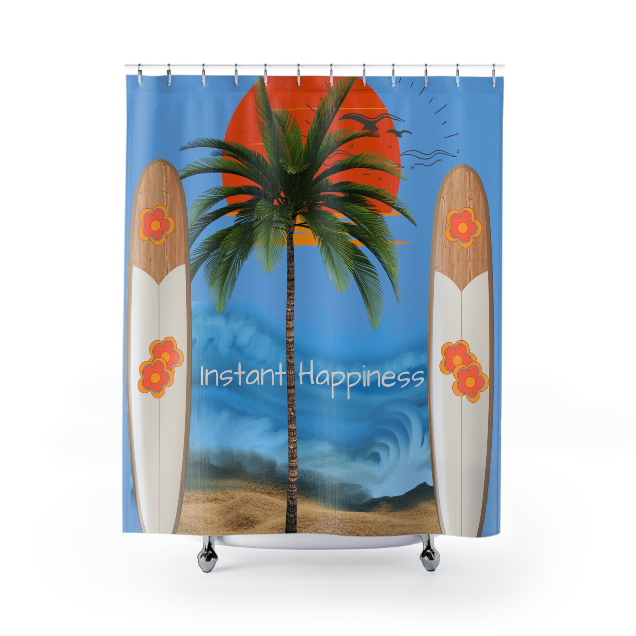 Palm Tree and Surfboard Sunset Tropical Shower Curtain for Instant Happiness and Beach Vibes in Bathroom