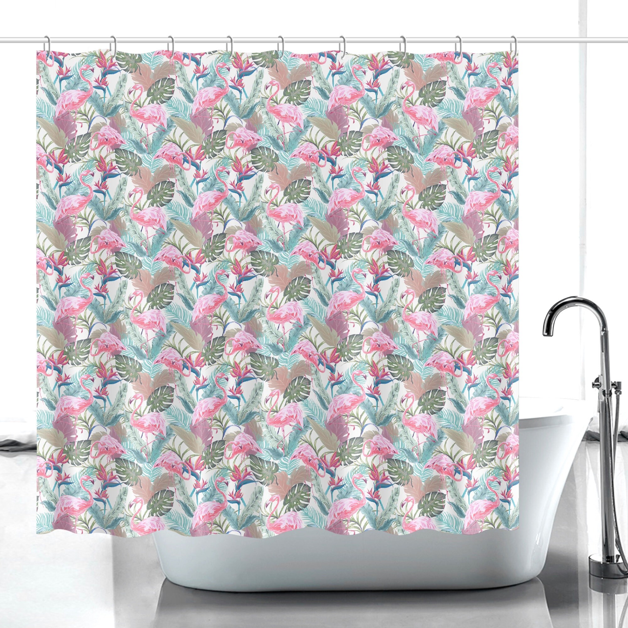 Palm Trees And Leaves Tropical Flamingo Shower Curtain For Bathroom Decor