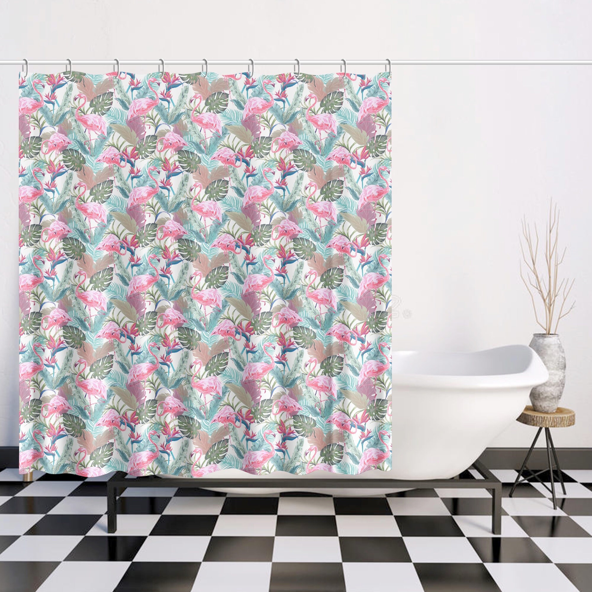 Palm Trees And Leaves Tropical Flamingo Shower Curtain For Bathroom Decor