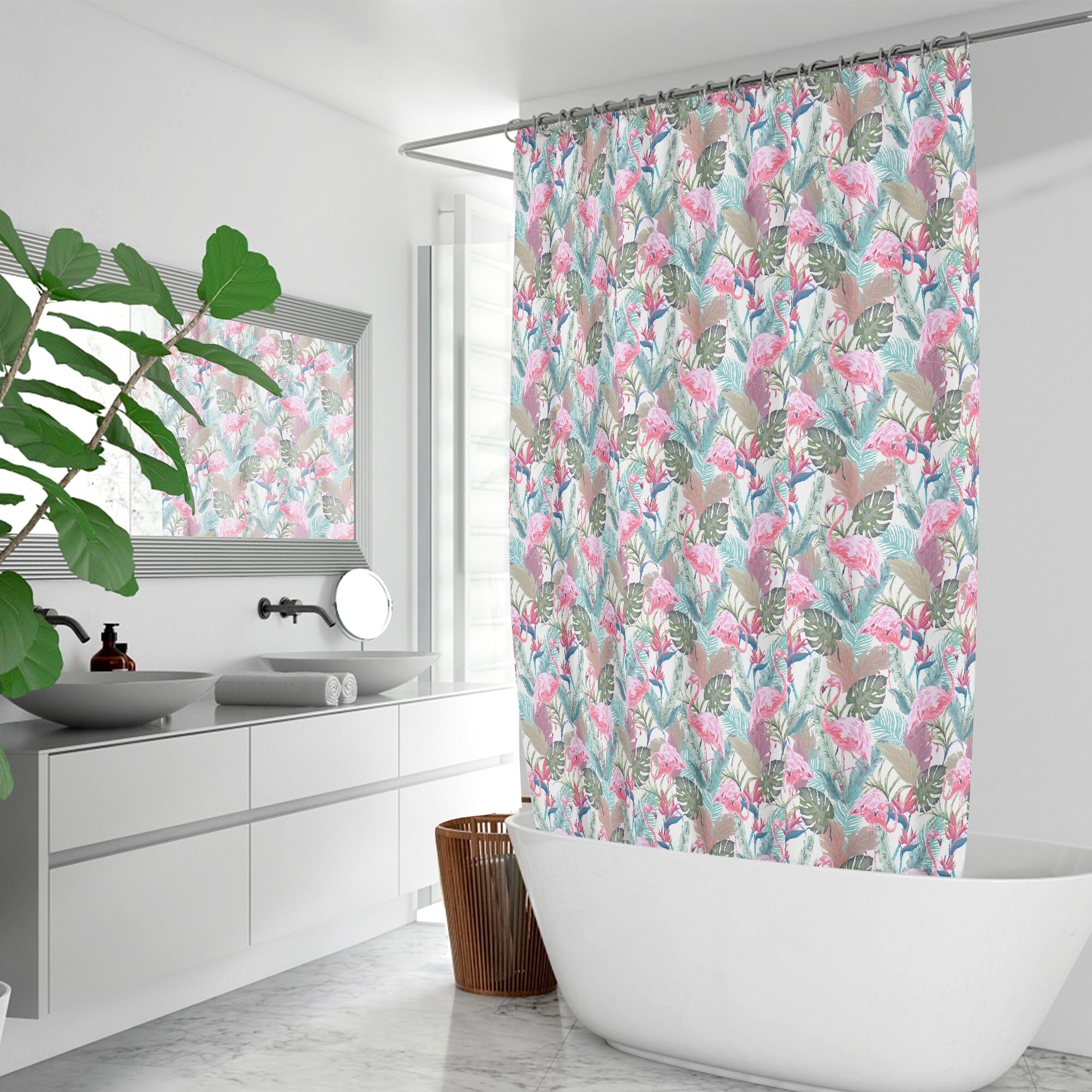Palm Trees And Leaves Tropical Flamingo Shower Curtain For Bathroom Decor
