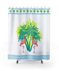 Palm Trees And Ocean Tropical Beach Scene Flamingo Shower Curtain For Dreamy Bathroom Decor