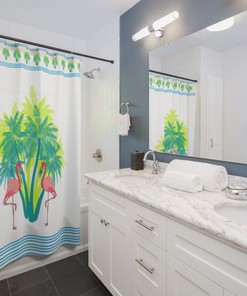 Palm Trees And Ocean Tropical Beach Scene Flamingo Shower Curtain For Dreamy Bathroom Decor