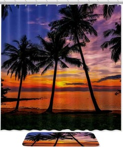 Palm Trees And Sunset In Hawaii Vintage Shower Curtain Liner, Fabric Bathroom Decor