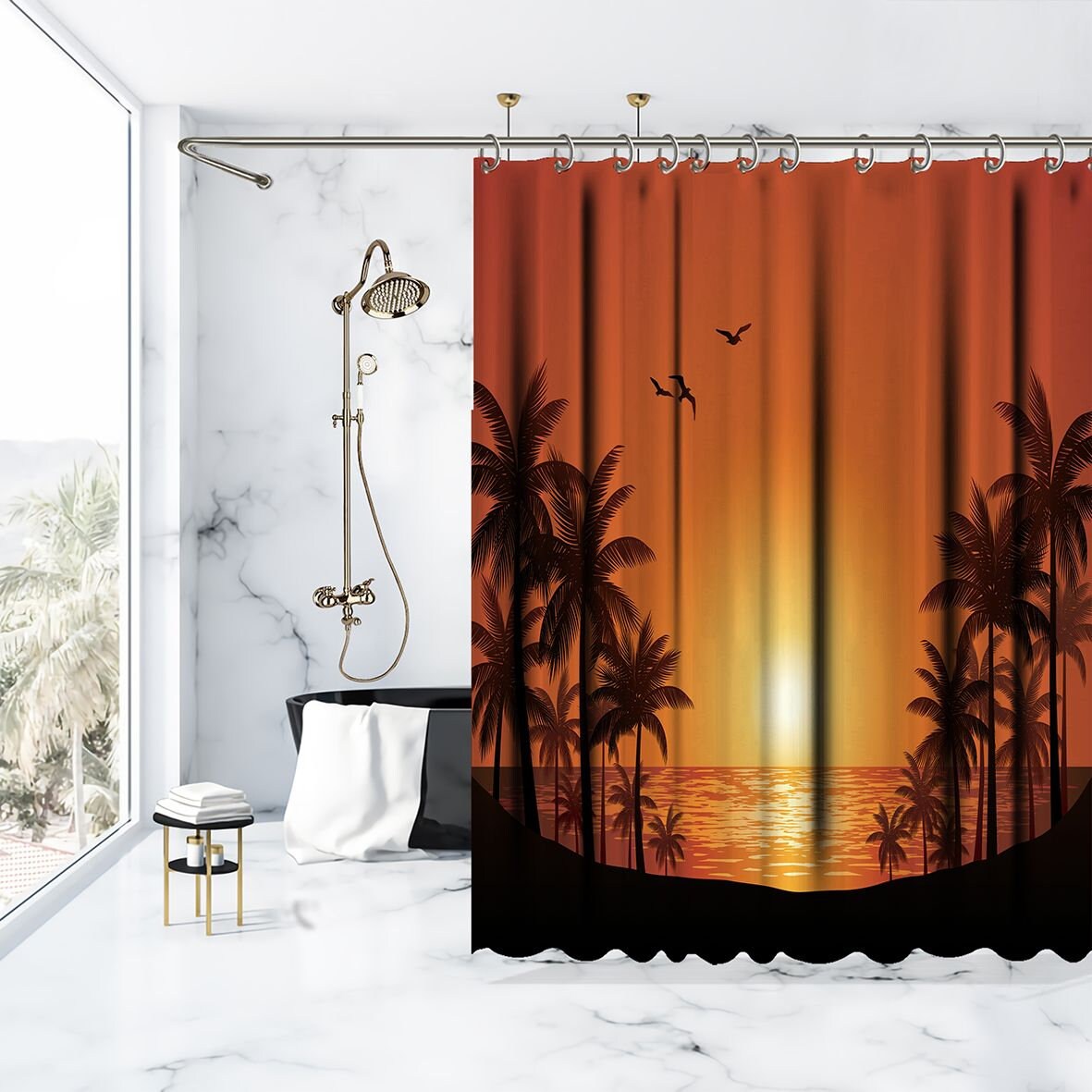 Palm Trees Landscape Printed Waterproof Shower Curtain for Tropical Bathroom Decor