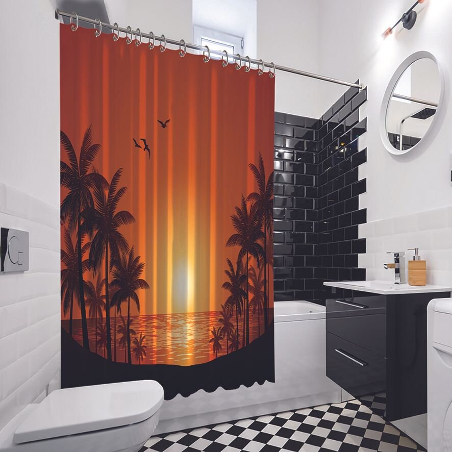Palm Trees Landscape Printed Waterproof Shower Curtain for Tropical Bathroom Decor