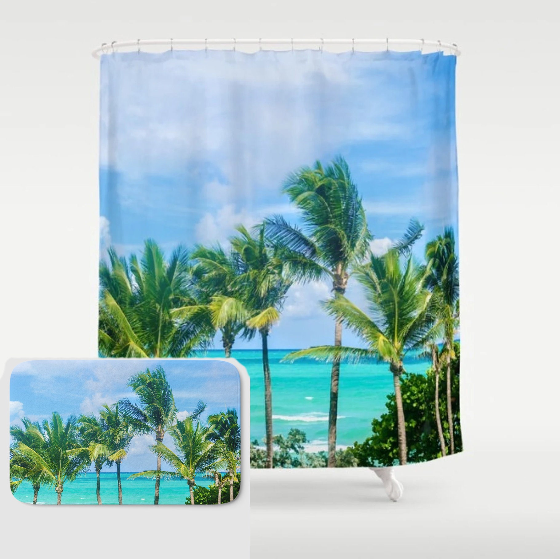 Palm Trees and Beach Photo Shower Curtain for Tropical Bathroom Decor