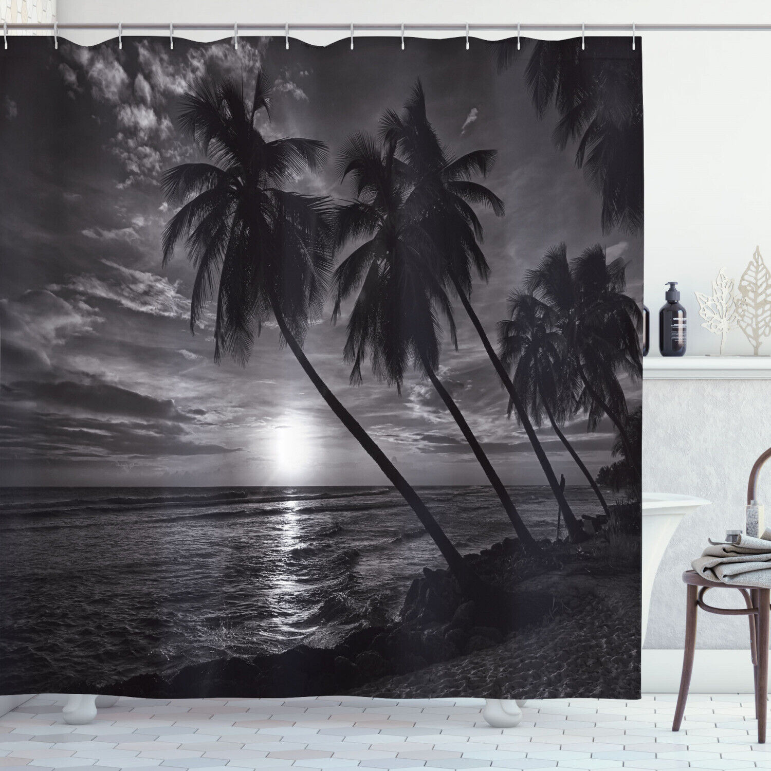 Palm Trees and Ocean Waves Shower Curtain for Coastal Bathroom Decor