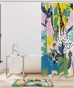 Palm Zebra Giraffe Jungle Shower Curtain In Waterproof Fabric - Forest Cartoon Palm Zebra Giraffe