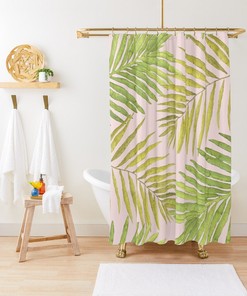 Palms Against Blush Pink Green Yellow Restroom Shower Curtain Ideas - Bath Decor Bundle