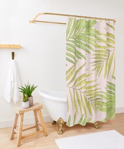 Palms Against Blush Pink Green Yellow Restroom Shower Curtain Ideas - Bath Decor Bundle