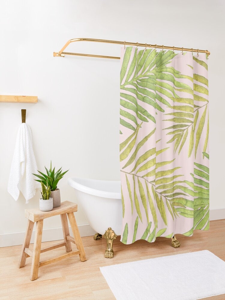 Palms Against Blush Pink Green Yellow Restroom Shower Curtain Ideas - Bath Decor Bundle