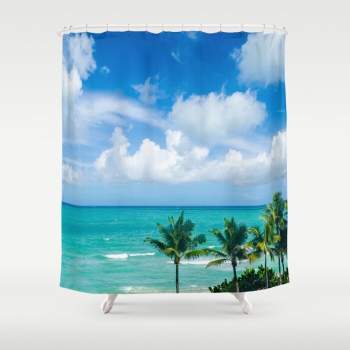 Palms Beach Bathroom Shower Curtain, Tropical Palm Trees Art With Ocean Mat - Image 2