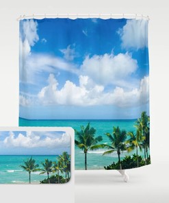 Palms Beach Shower Curtain Set, Tropical Bath Mat, Palm Tree Bathroom Rug, Ocean Mat, Miami Beach House Decor