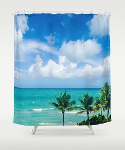 Palms Beach Shower Curtain Set, Tropical Bath Mat, Palm Tree Bathroom Rug, Ocean Mat, Miami Beach House Decor