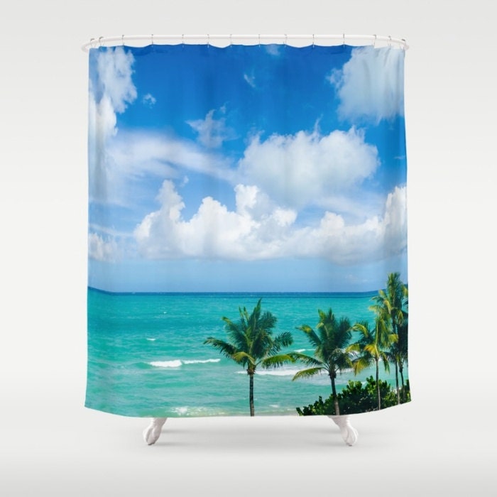 Palms Beach Shower Curtain Set, Tropical Bath Mat, Palm Tree Bathroom Rug, Ocean Mat, Miami Beach House Decor