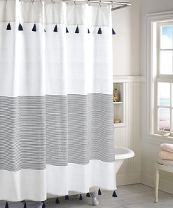 Panama Stripe Boho Farmhouse Tassel Shower Curtain, Navy Fabric Curtain with Tassels