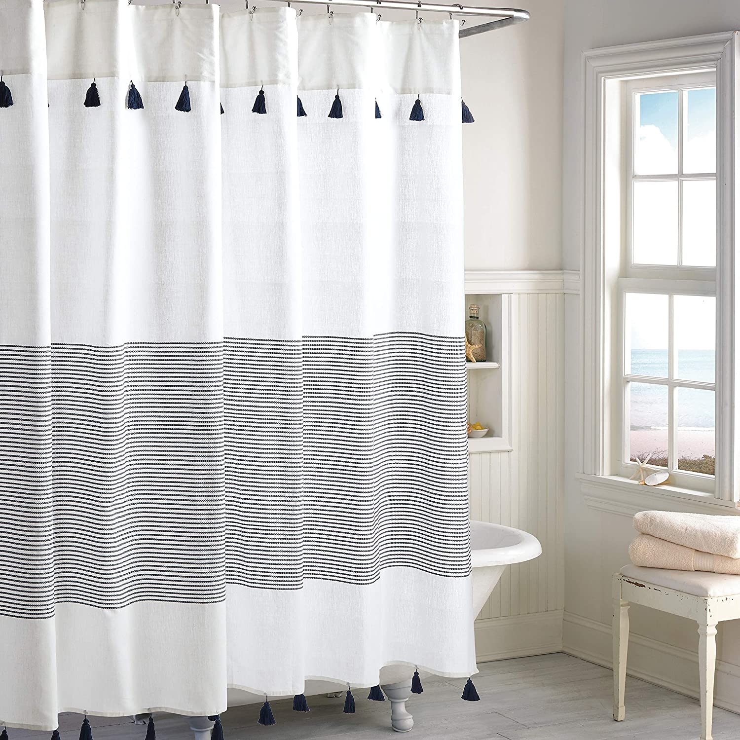 Panama Stripe Boho Farmhouse Tassel Shower Curtain, Navy Fabric Curtain with Tassels