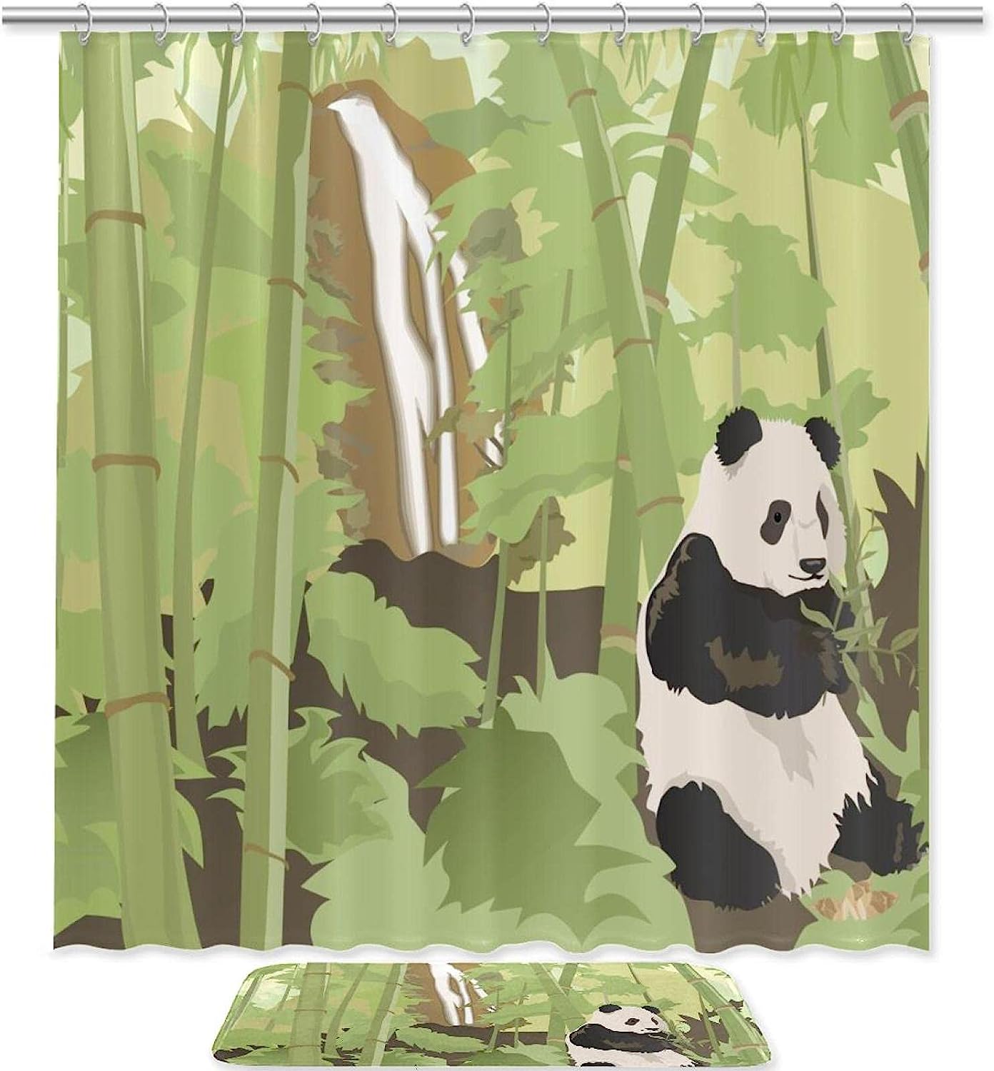 Panda Bamboo Waterfall Forest Tree Watercolor Restroom Shower Curtain Set