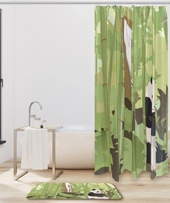 Panda Bamboo Waterfall Forest Tree Watercolor Restroom Shower Curtain Set