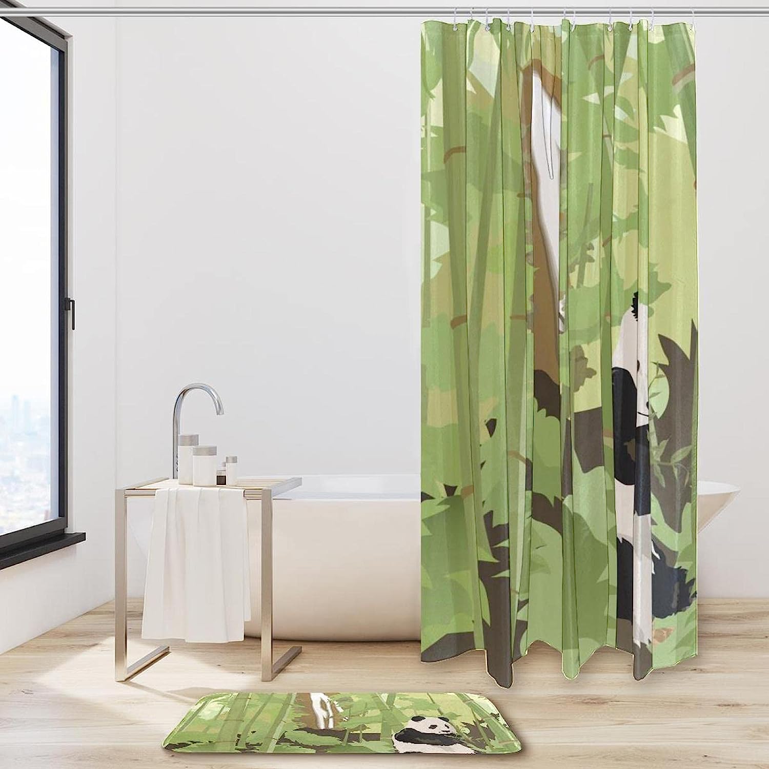 Panda Bamboo Waterfall Forest Tree Watercolor Restroom Shower Curtain Set