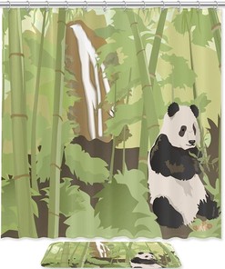 Panda Bamboo Waterfall Forest Tree Watercolor Shower Curtain Full Size With Microfiber Accents, Machine Washable