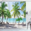 Panoramic Seashore Shower Curtain With Palm Leaves In Green, Aqua, And Coconut
