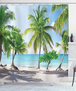 Panoramic Seashore Shower Curtain With Palm Leaves In Green, Aqua, And Coconut