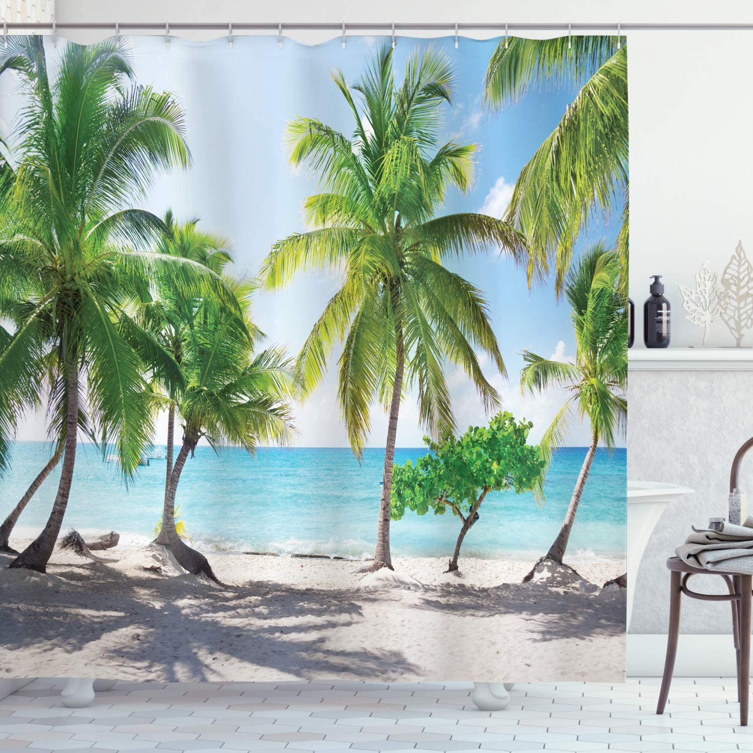 Panoramic Seashore Shower Curtain With Palm Leaves In Green, Aqua, And Coconut