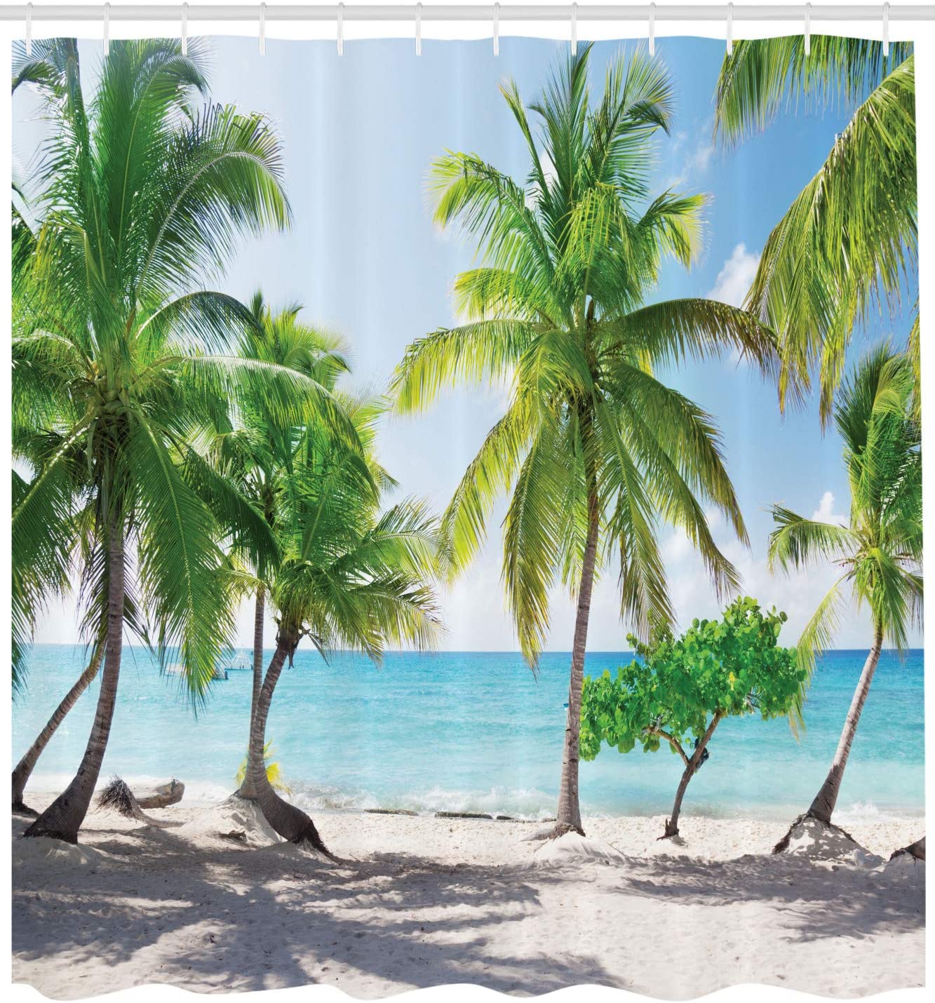 Panoramic Seashore Shower Curtain With Palm Leaves In Green, Aqua, And Coconut - Image 2