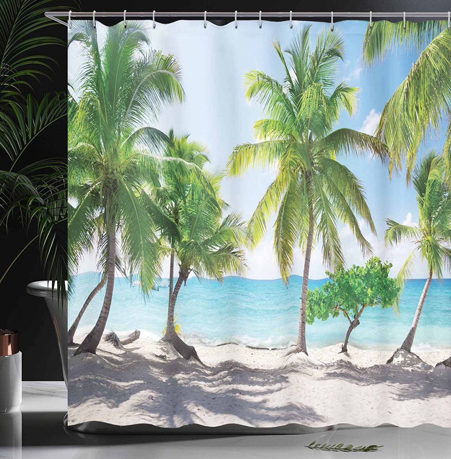 Panoramic Seashore Shower Curtain With Palm Leaves In Green, Aqua, And Coconut - Image 3