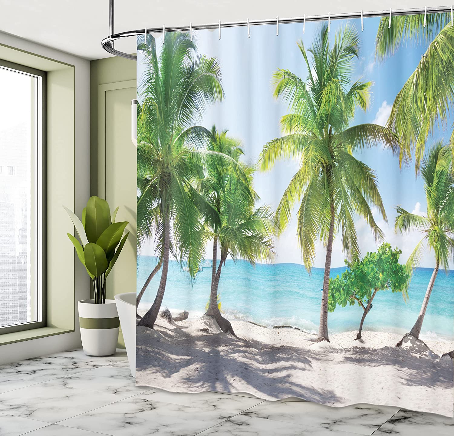 Panoramic Seashore Shower Curtain With Palm Leaves In Green, Aqua, And Coconut - Image 4