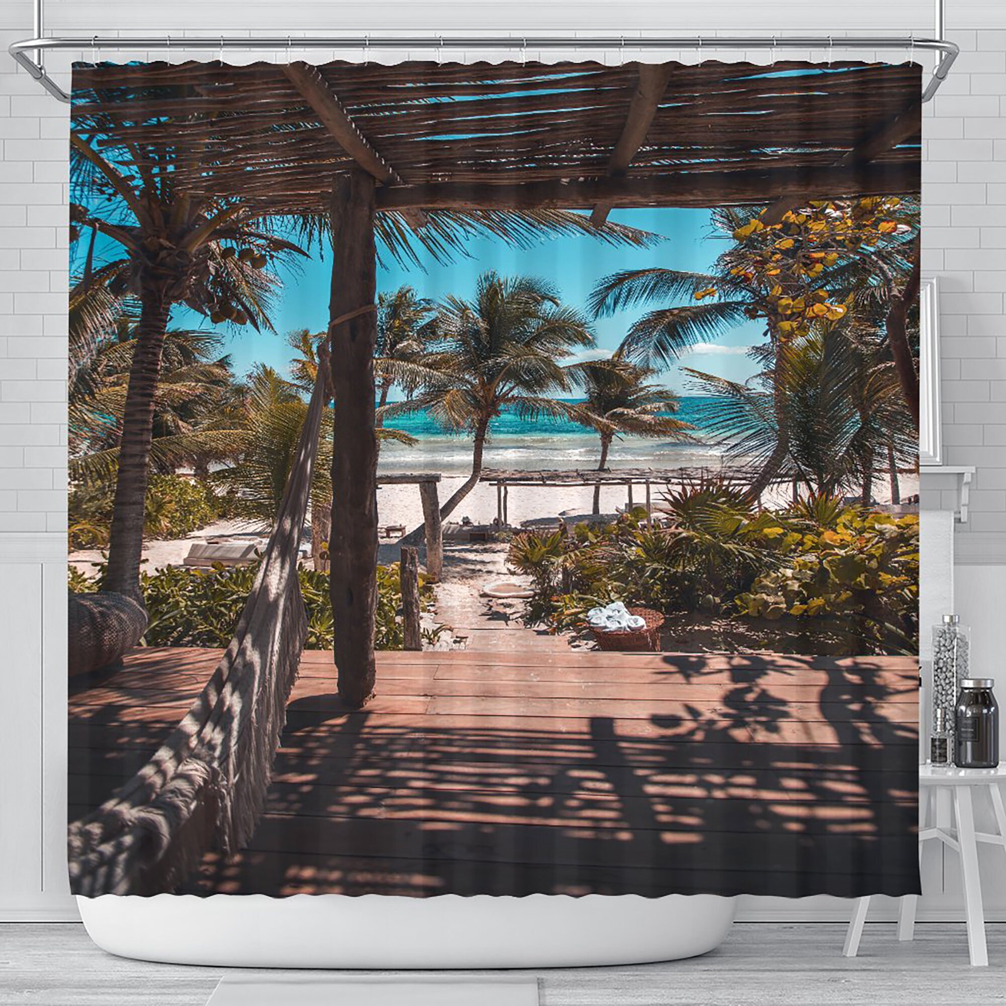 Paradies H¤ngematte Shower Curtain with Tropical Beach and Palm View, Bathroom Decor