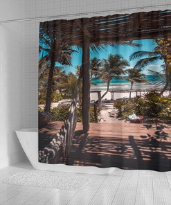 Paradies H¤ngematte Shower Curtain with Tropical Beach and Palm View, Bathroom Decor