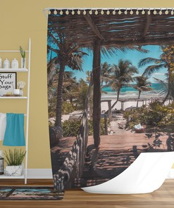 Paradies H¤ngematte Shower Curtain with Tropical Beach and Palm View, Bathroom Decor