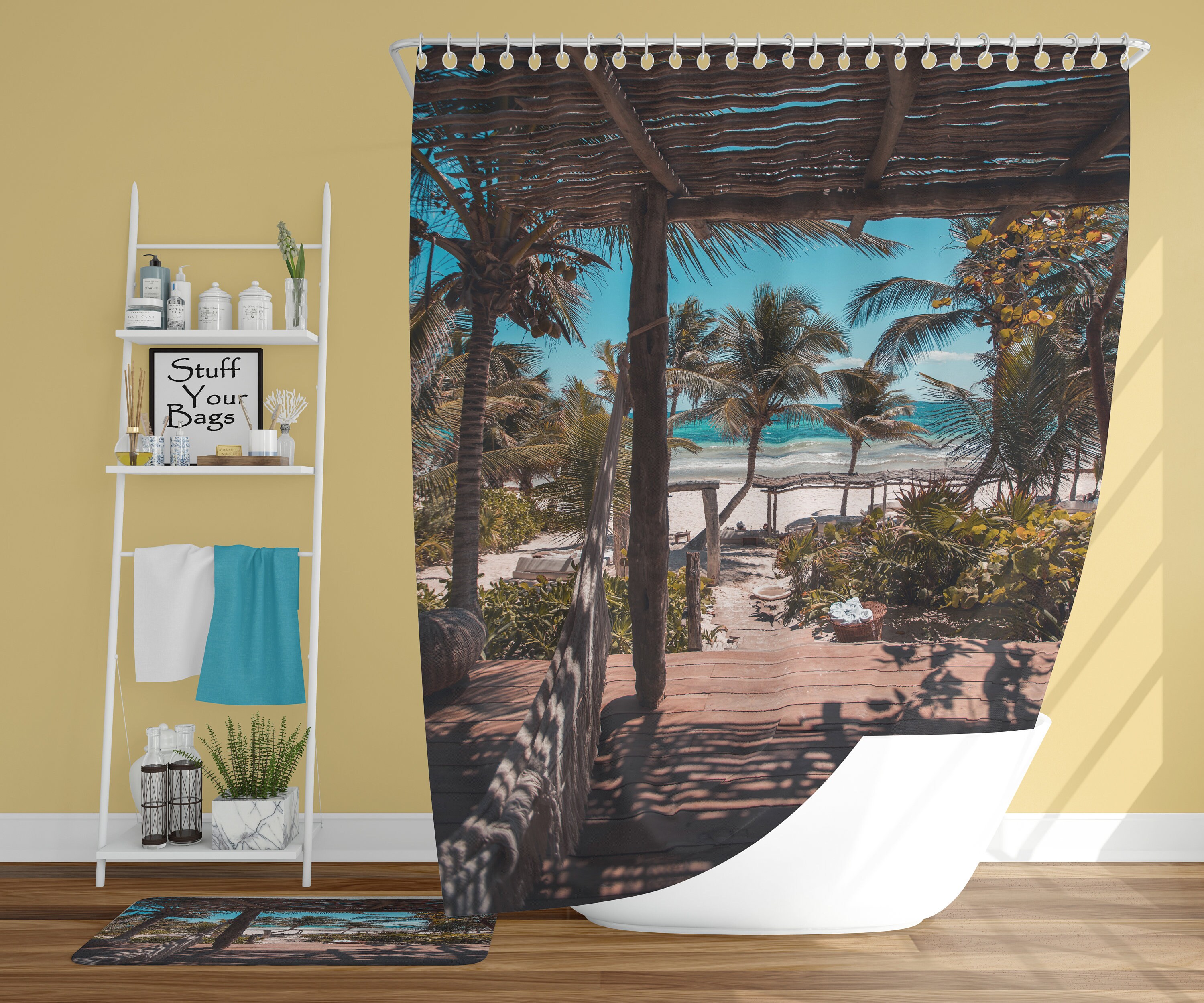 Paradies H¤ngematte Shower Curtain with Tropical Beach and Palm View, Bathroom Decor