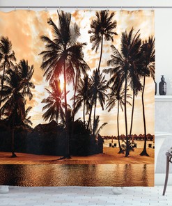 Paradise Tropical Beach Shower Curtain with Stunning Palm Tree Art Print and Sunset Design 