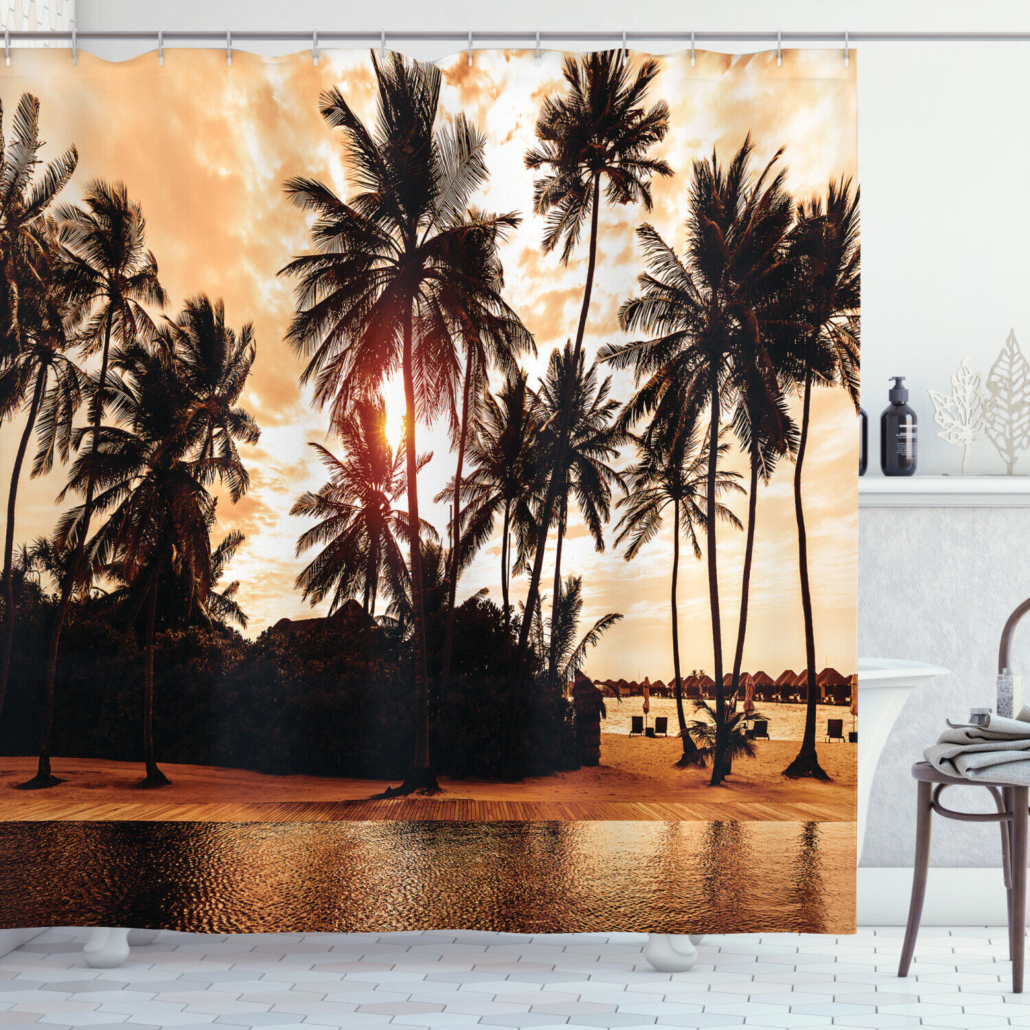 Paradise Tropical Beach Shower Curtain with Stunning Palm Tree Art Print and Sunset Design