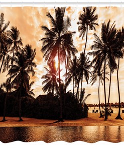 Paradise Tropical Beach Shower Curtain with Stunning Palm Tree Art Print and Sunset Design