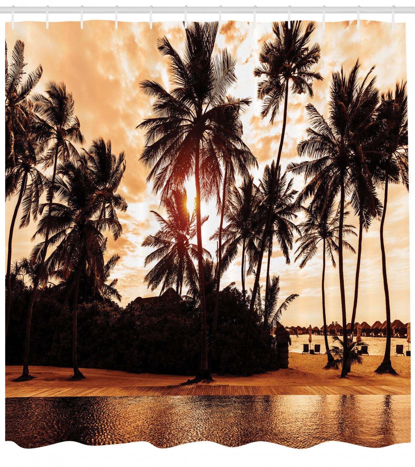 Paradise Tropical Beach Shower Curtain with Stunning Palm Tree Art Print and Sunset Design