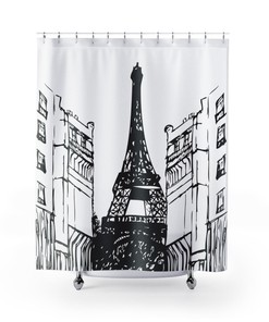 Paris Eiffel Tower Black and White Shower Curtain with Minimalist French Design, Waterproof Fabric for Bathroom 
