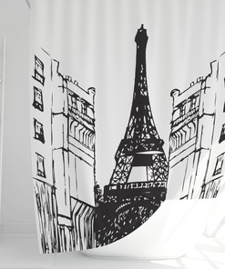 Paris Eiffel Tower Black and White Shower Curtain with Minimalist French Design, Waterproof Fabric for Bathroom