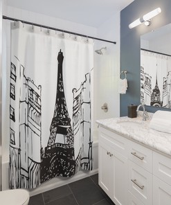 Paris Eiffel Tower Black and White Shower Curtain with Minimalist French Design, Waterproof Fabric for Bathroom 
