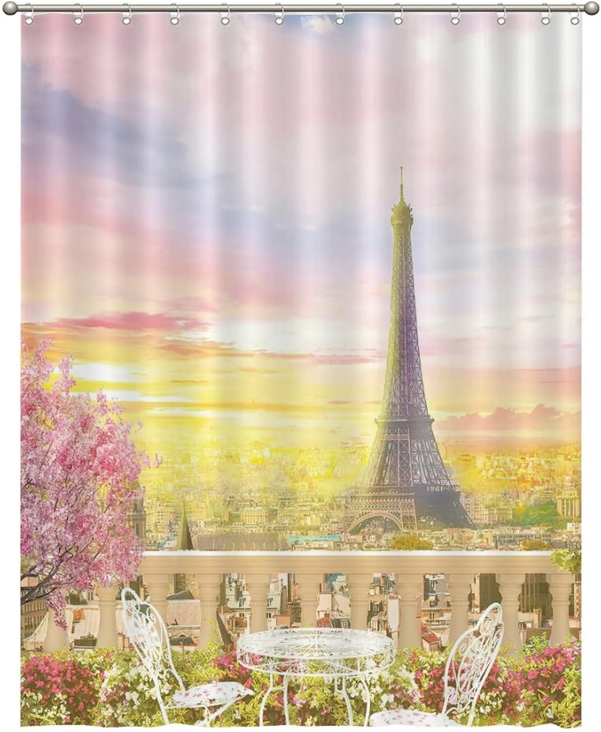 Paris Eiffel Tower Drawing Design Shower Curtain with Floral Decoration: Bathroom Dcor
