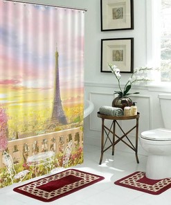 Paris Eiffel Tower Drawing Design Shower Curtain with Floral Decoration: Bathroom Dcor