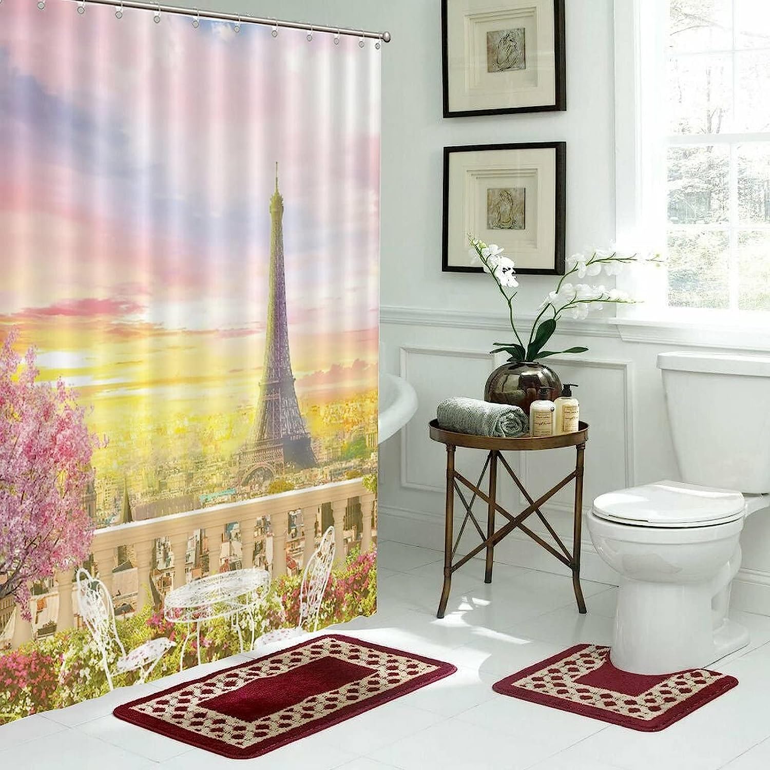 Paris Eiffel Tower Drawing Design Shower Curtain with Floral Decoration: Bathroom Dcor