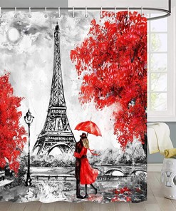 Paris Eiffel Tower Oil Painting Shower Curtain with Modern Romantic Couple Quote