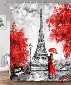 Paris Eiffel Tower Oil Painting Shower Curtain with Modern Romantic Couple Quote
