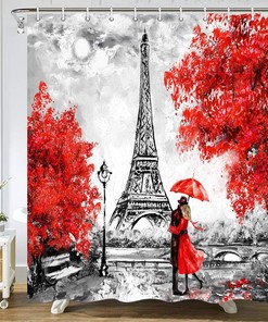 Paris Eiffel Tower Oil Painting Shower Curtain with Modern Romantic Couple Quote